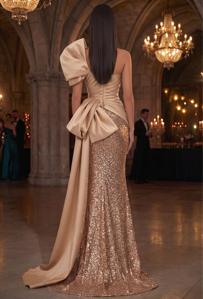 Trumpet/Mermaid One-Shoulder Sleeveless Satin Sequin Floor-Length Evening Dresses with Pleats&3D Flower