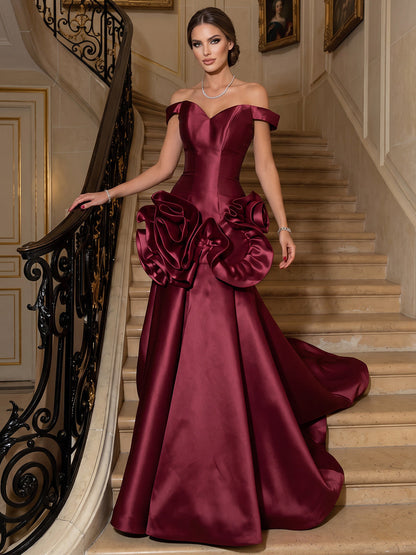 A-Line/Princess Off-the-Shoulder Sleeveless Satin Floor-Length Evening Dresses with Ruffles