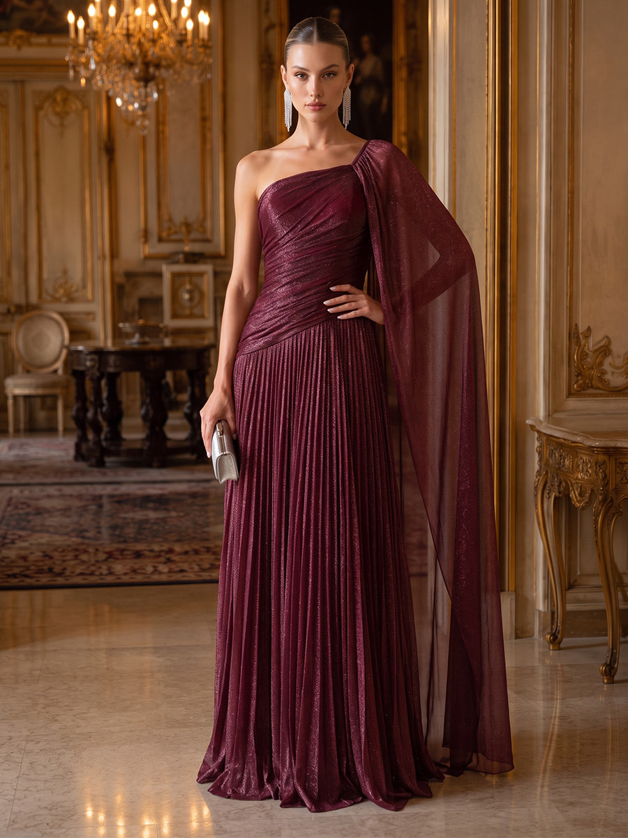 A-Line/Princess One-Shoulder Cap Sleeves Chiffon Floor-Length Evening Dresses with Pleats&Sash