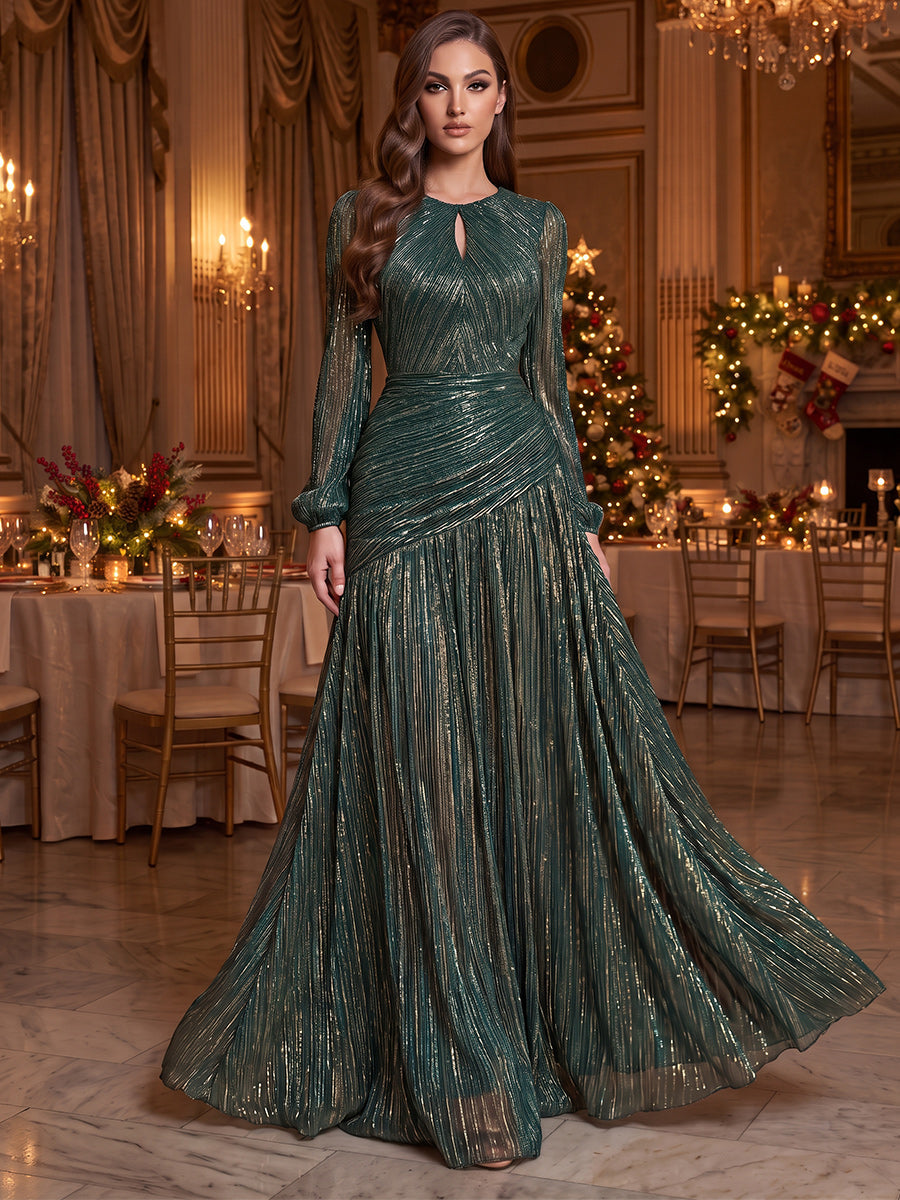 A-Line/Princess Scoop Long Sleeves Chiffon Floor-Length Evening Dresses with Pleats