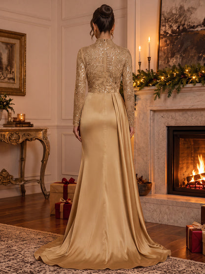Trumpet/Mermaid High Neck Long Sleeves Silk Satin Sequin Floor-Length Evening Dresses with Applique