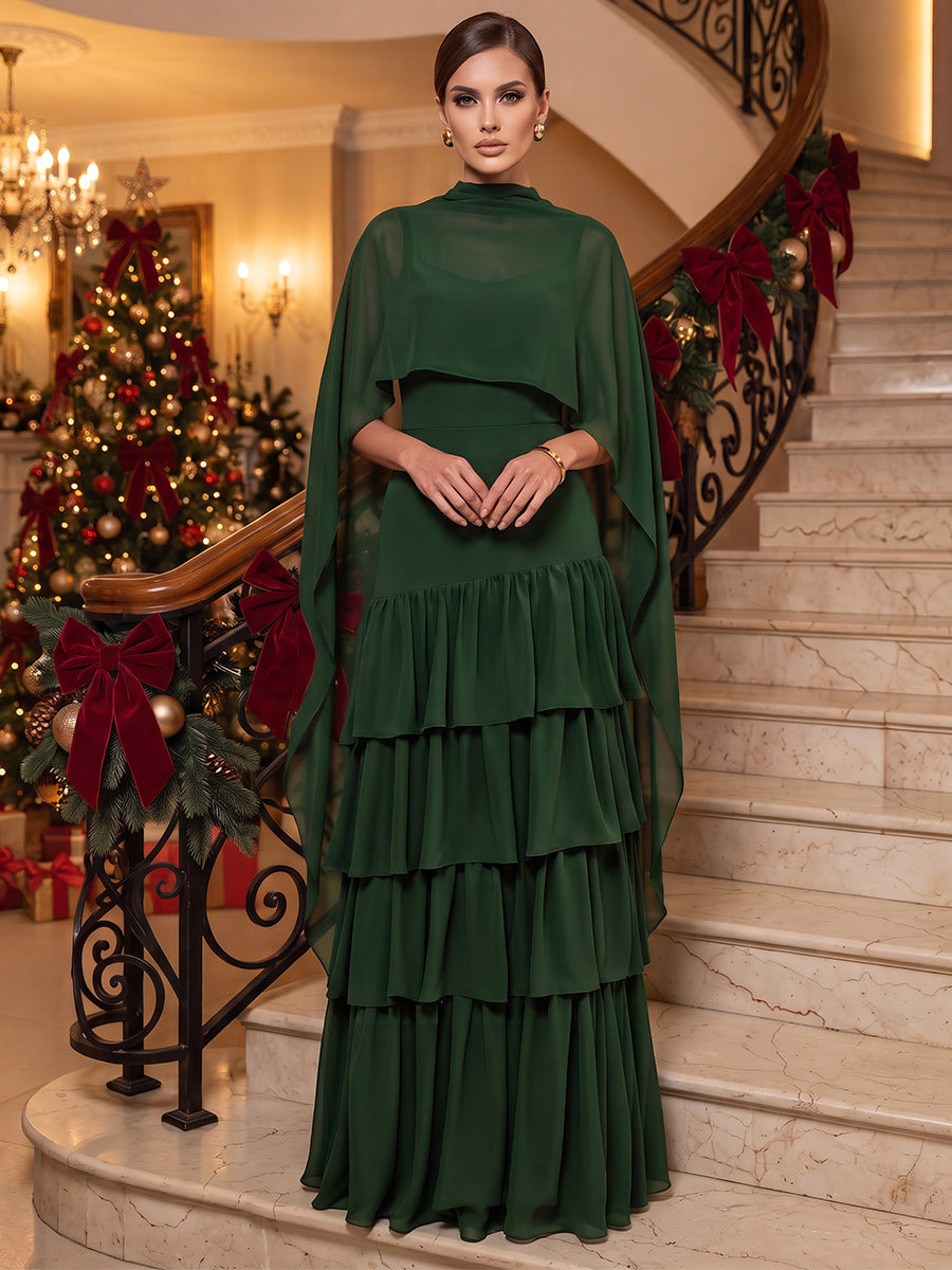 A-Line/Princess High Neck Cap Sleeves Chiffon Floor-Length Evening Dresses with Ruffles&Tiered