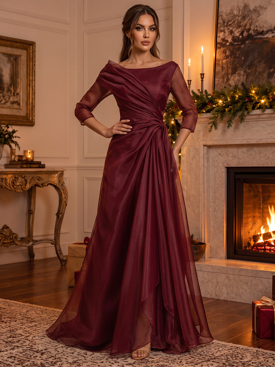 A-Line/Princess Scoop 3/4 Sleeves Organza Floor-Length Evening Dresses with Pleats