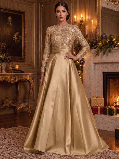 A-Line/Princess Scoop Long Sleeves Sequin Satin Floor-Length Evening Dresses with Applique