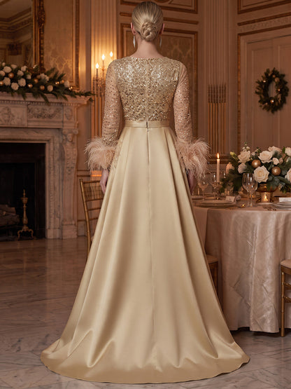 A-Line/Princess V-Neck Long Sleeves Sequin Satin Floor-Length Evening Dresses with Feathers&Belt