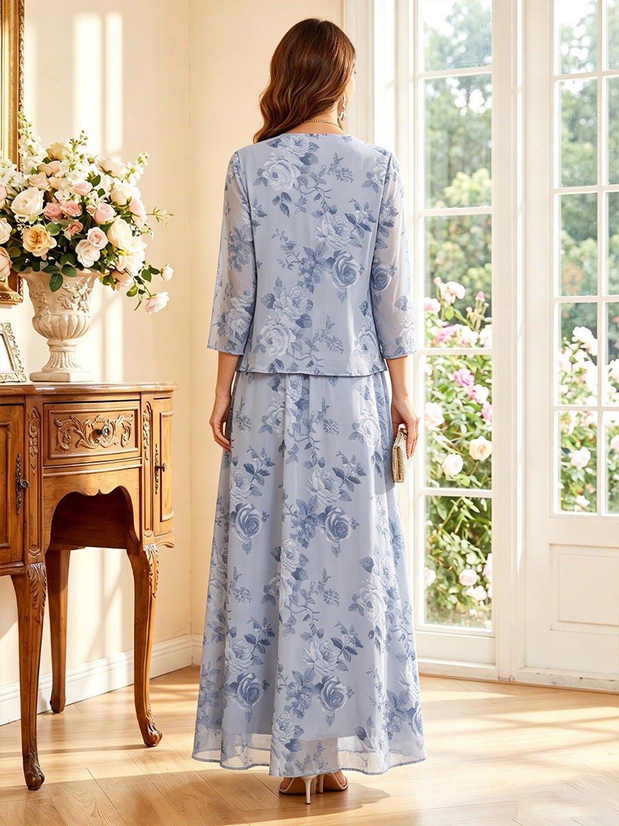 A-Line/Princess Scoop 3/4 Sleeves Floor-Length Mother of the Bride Dresses with Jacket & Ruched