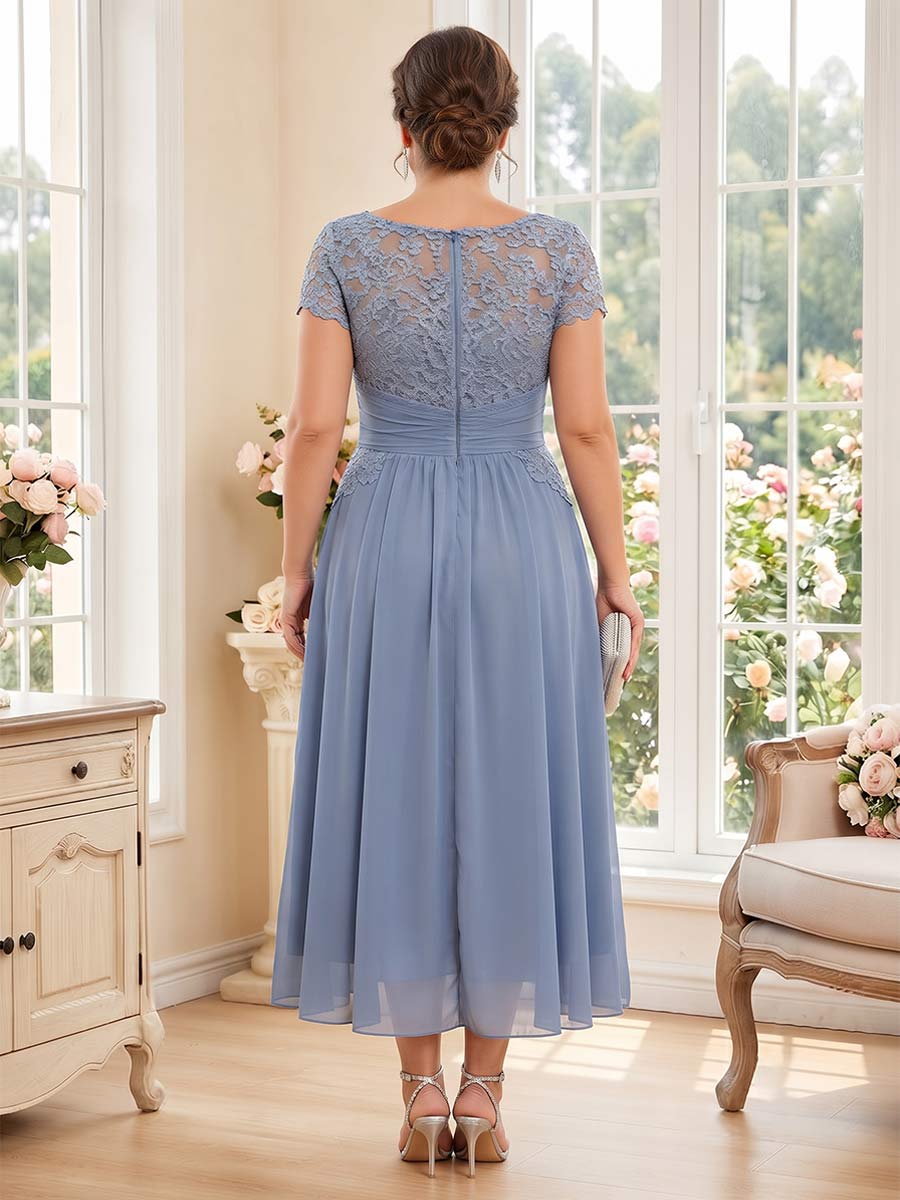 A-Line/Princess Scoop Short Sleeves Tea-Length Plus Size Mother of the Bride Dresses with Applique & Ruched