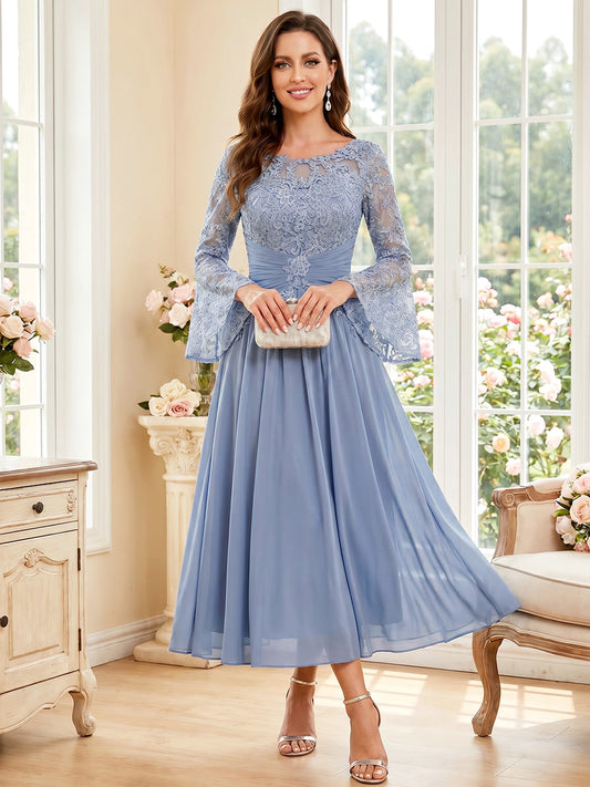 A-Line/Princess Scoop Long Sleeves Tea-Length Mother of the Bride Dresses with Applique & Ruched