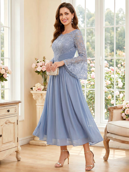 A-Line/Princess Scoop Long Sleeves Tea-Length Mother of the Bride Dresses with Applique & Ruched