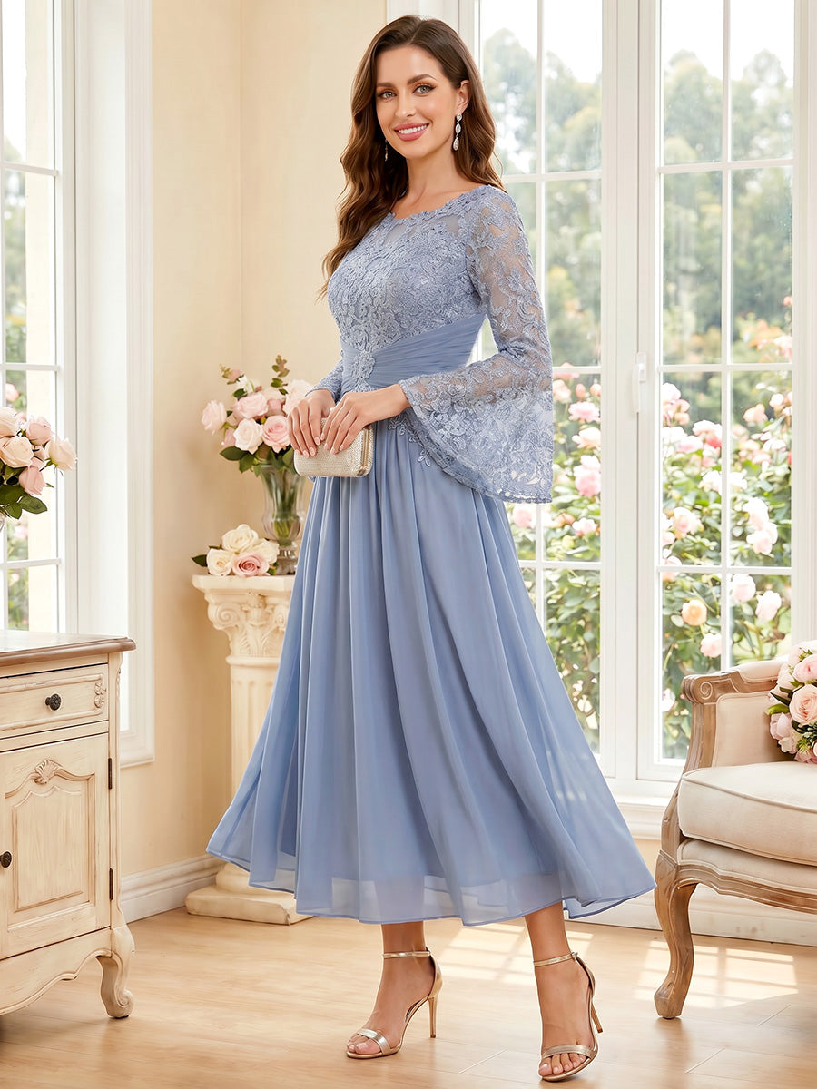 A-Line/Princess Scoop Long Sleeves Tea-Length Mother of the Bride Dresses with Applique & Ruched