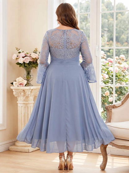 A-Line/Princess Scoop Long Sleeves Tea-Length Plus Size Mother of the Bride Dresses with Applique & Ruched