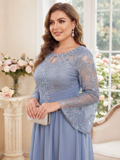 A-Line/Princess Scoop Long Sleeves Tea-Length Plus Size Mother of the Bride Dresses with Applique & Ruched