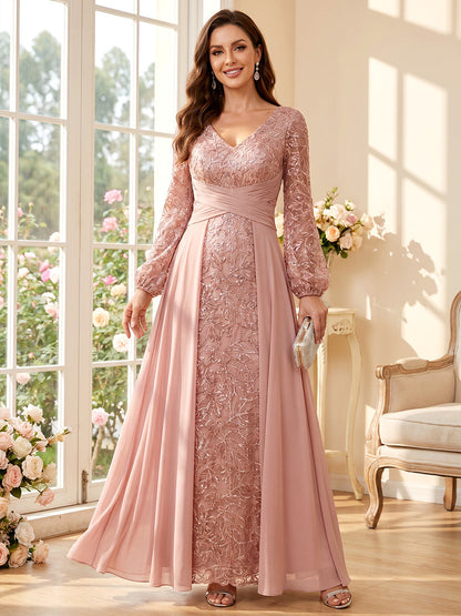 A-Line/Princess V-Neck Long Sleeves Floor-Length Mother of the Bride Dresses with Ruched
