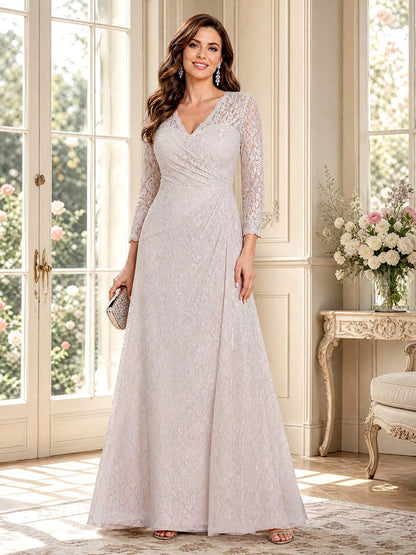 A-Line/Princess V-Neck Long Sleeves Floor-Length Mother of the Bride Dresses with Ruched & Lace