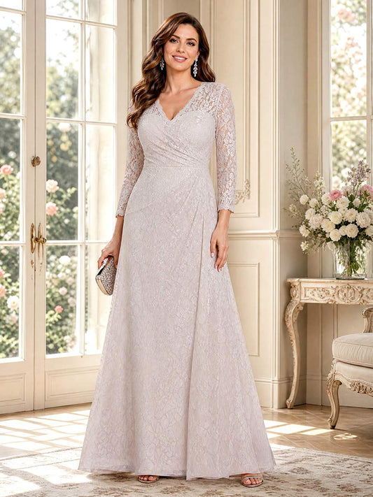 A-Line/Princess V-Neck Long Sleeves Floor-Length Mother of the Bride Dresses with Ruched & Lace
