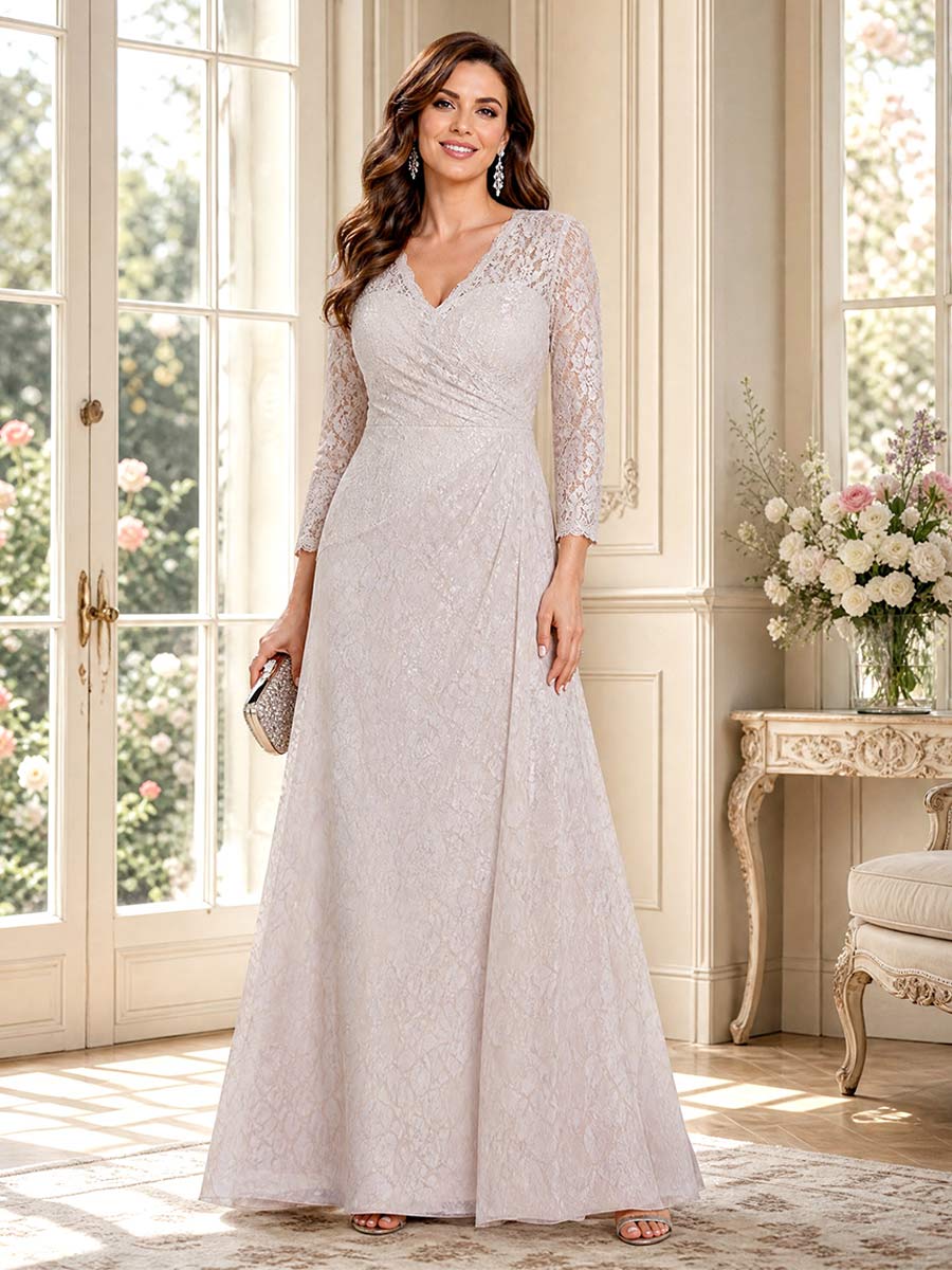A-Line/Princess V-Neck Long Sleeves Floor-Length Mother of the Bride Dresses with Ruched & Lace
