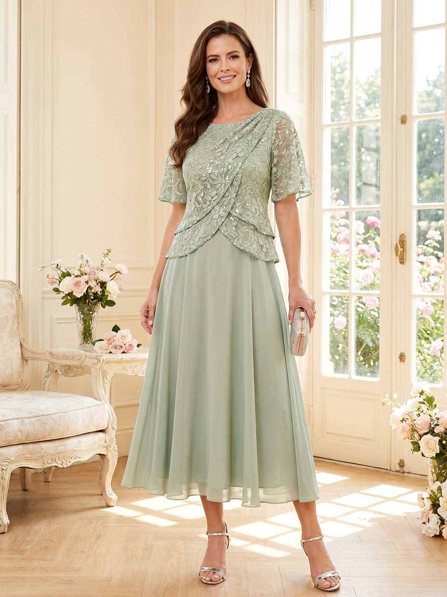 A-Line/Princess Scoop Half Sleeves Tea-Length Mother of the Bride Dresses with Lace & Ruffles