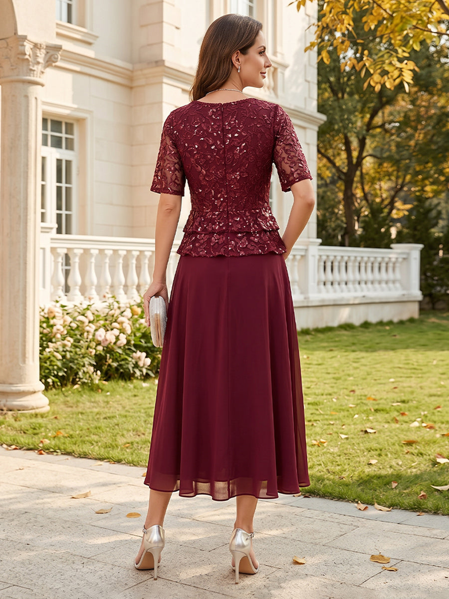 A-Line/Princess Scoop Half Sleeves Tea-Length Chiffon Mother of the Bride Dresses with Lace & Ruffles