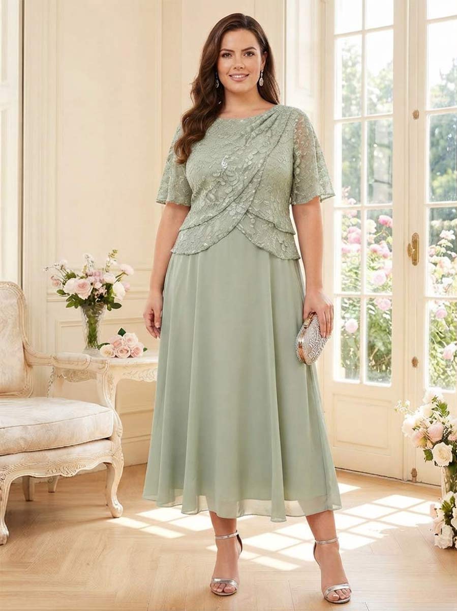 A-Line/Princess Scoop Half Sleeves Tea-Length Plus Size Mother of the Bride Dresses with Lace & Ruffles