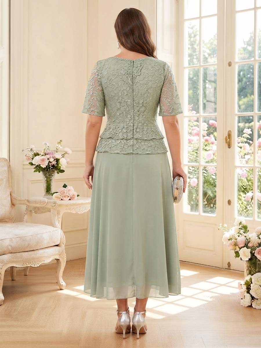 A-Line/Princess Scoop Half Sleeves Tea-Length Plus Size Mother of the Bride Dresses with Lace & Ruffles
