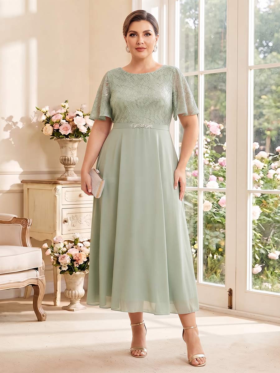 A-Line/Princess Scoop Short Sleeves Tea-Length Plus Size Mother of the Bride Dresses with Lace & Pleats