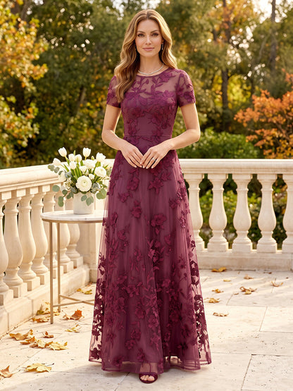 A-Line/Princess Scoop Short Sleeves Floor-Length Mother of the Bride Dresses with Lace & Applique