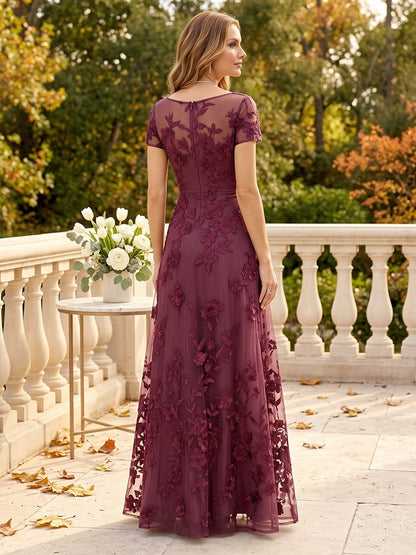 A-Line/Princess Scoop Short Sleeves Floor-Length Mother of the Bride Dresses with Lace & Applique