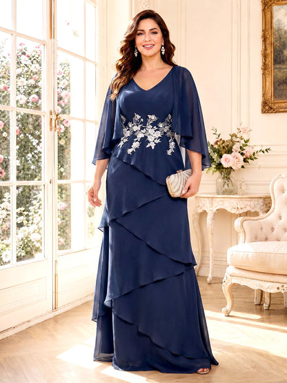 A-Line/Princess V-Neck 3/4 Sleeves Floor-Length Mother of the Bride Dresses with Ruffles & Applique
