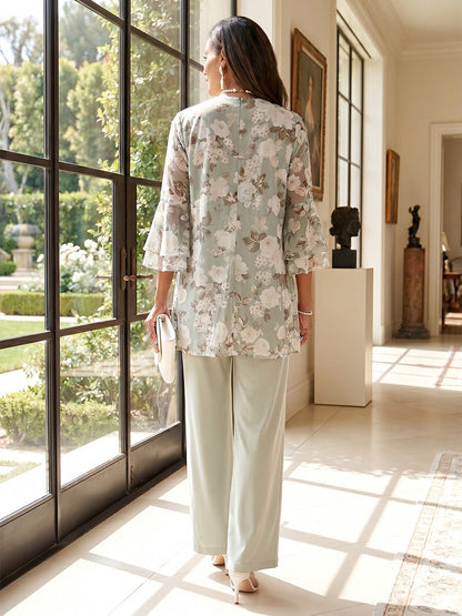 Jumpsuits Scoop 3/4 Sleeves Floor-Length 3 Pieces Mother of the Bride Dresses with Jacket & Floral
