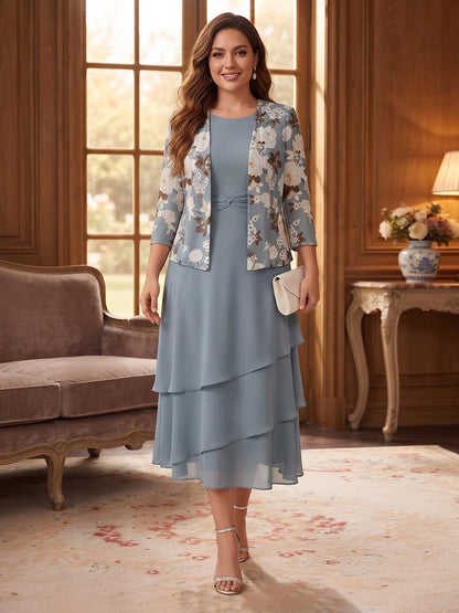 A-Line/Princess Scoop 3/4 Sleeves Chiffon Tea-Length Plus Size Mother of the Bride Dresses with Jacket & Ruffles
