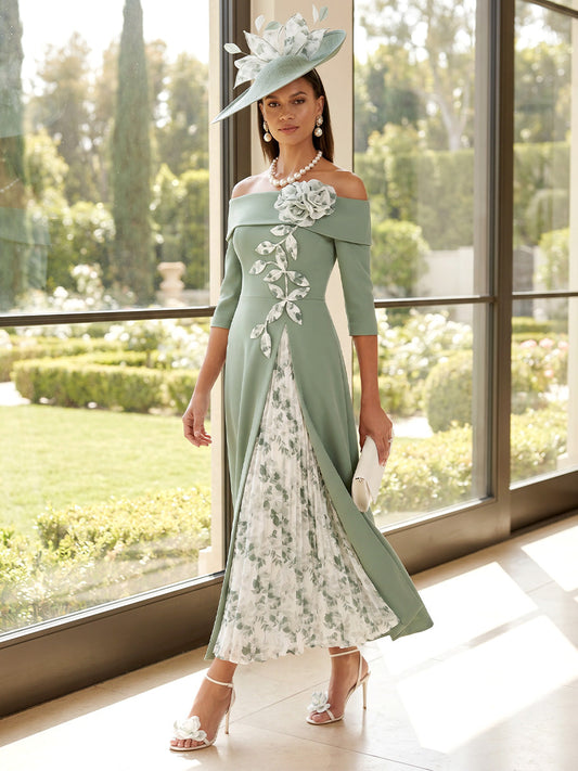 A-Line/Princess Off-the-Shoulder 3/4 Sleeves Ankle-Length Mother of the Bride Dresses with 3D Floral & Pleats