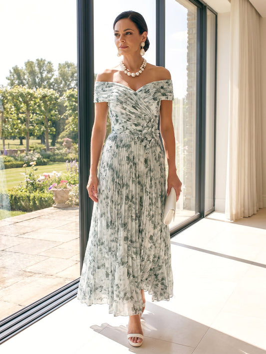 A-Line/Princess Off-the-Shoulder Sleeveless Ankle-Length Mother of the Bride Dresses with 3D Floral & Pleats