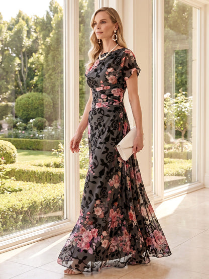 A-Line/Princess Scoop Short Sleeves Floor-Length Mother of the Bride Dresses with Ruched