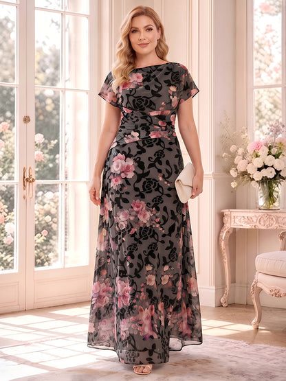 A-Line/Princess Scoop Half Sleeves Chiffon Floor-Length Plus Size Mother of the Bride Dresses with Ruched