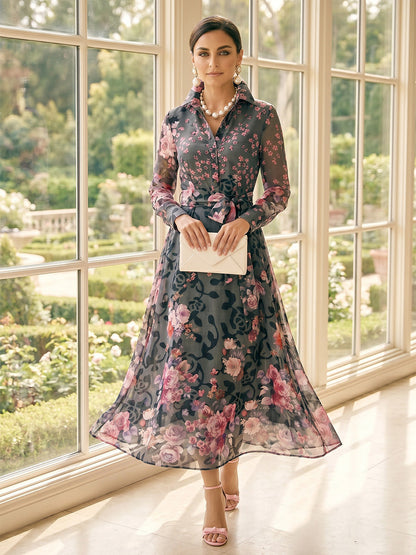 A-Line/Princess Long Sleeves Shirt Collar Tea-Length Mother of the Bride Dresses with Bowknot & Floral