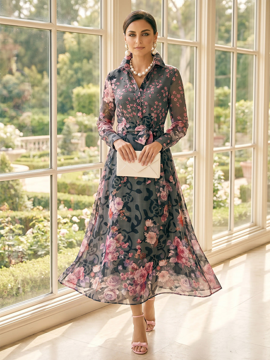 A-Line/Princess Long Sleeves Shirt Collar Tea-Length Mother of the Bride Dresses with Bowknot & Floral