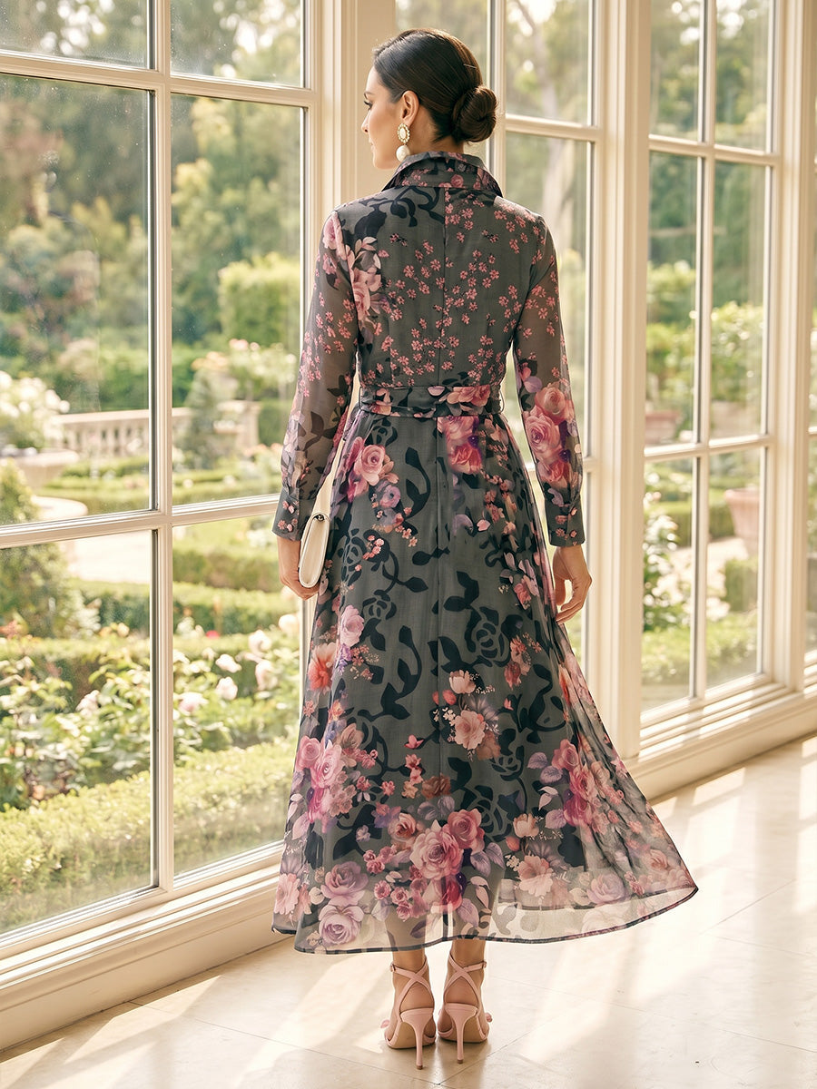 A-Line/Princess Long Sleeves Shirt Collar Tea-Length Mother of the Bride Dresses with Bowknot & Floral