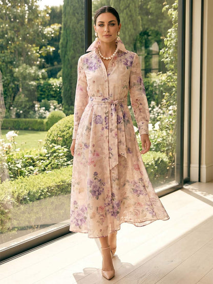 A-Line/Princess Shirt Collar Long Sleeves Tea-Length Mother of the Bride Dresses with Bowknot & Floral