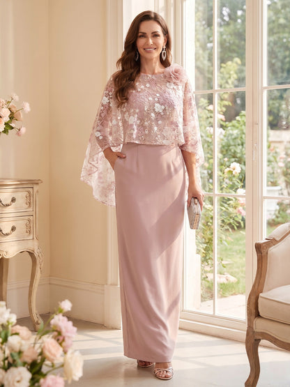 Sheath/Column Scoop 3/4 Sleeves Floor-Length Mother of the Bride Dresses with 3D Floral & Cape