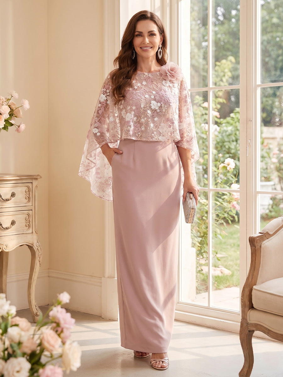 Sheath/Column Scoop 3/4 Sleeves Floor-Length Mother of the Bride Dresses with 3D Floral & Cape