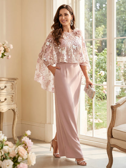 Sheath/Column Scoop 3/4 Sleeves Floor-Length Mother of the Bride Dresses with 3D Floral & Cape