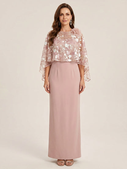 Sheath/Column Scoop 3/4 Sleeves Floor-Length Mother of the Bride Dresses with 3D Floral & Cape
