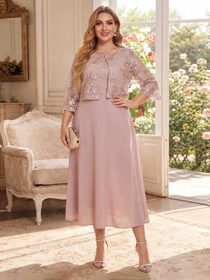 A-Line/Princess Scoop 3/4 Sleeves Chiffon Tea-Length Plus Size Mother of the Bride Dresses with Applique