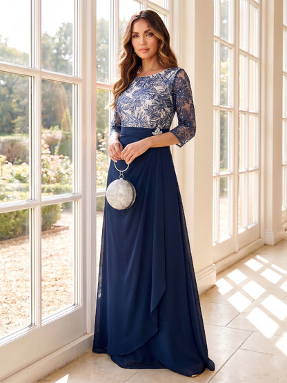 A-Line/Princess Scoop 3/4 Sleeves Floor-Length Mother of the Bride Dresses with Appliques & Rhinestone