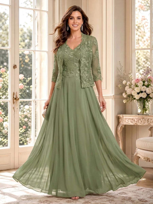 A-Line/Princess V-Neck 3/4 Sleeves Floor-Length Mother of the Bride Dresses with Jacket & Applique