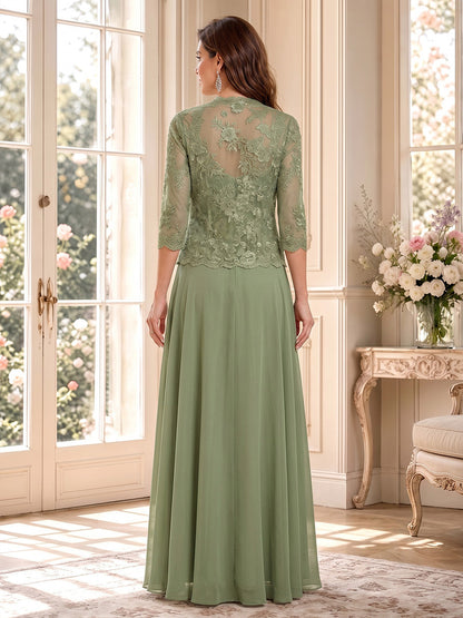 A-Line/Princess V-Neck 3/4 Sleeves Floor-Length Mother of the Bride Dresses with Jacket & Applique