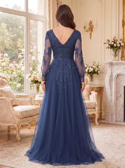 A-Line/Princess V-Neck Long Sleeves Floor-Length Mother of the Bride Dresses with Lace & Applique