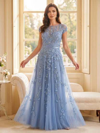 A-Line/Princess Scoop Short Sleeves Floor-Length Mother of the Bride Dresses with Lace & 3D Floral