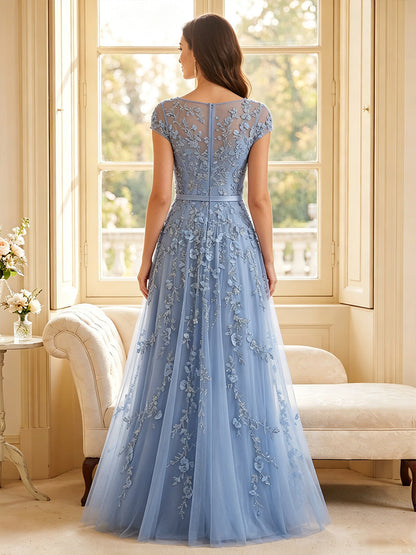 A-Line/Princess Scoop Short Sleeves Floor-Length Mother of the Bride Dresses with Lace & 3D Floral