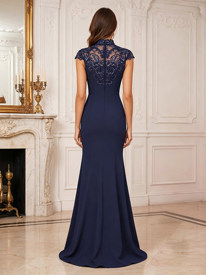 Trumpet/Mermaid High Neck Cap Sleeves Floor-Length Mother of the Bride Dresses with Split Side & Applique